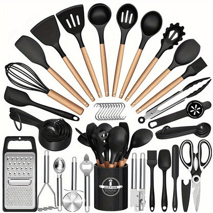 Silicone Cooking Utensil Set, 37 or 44-Piece Kitchen Tool Options in Five Colors for Beginner Cooks, Everyday Meal Preparation and Housewarming Gifts