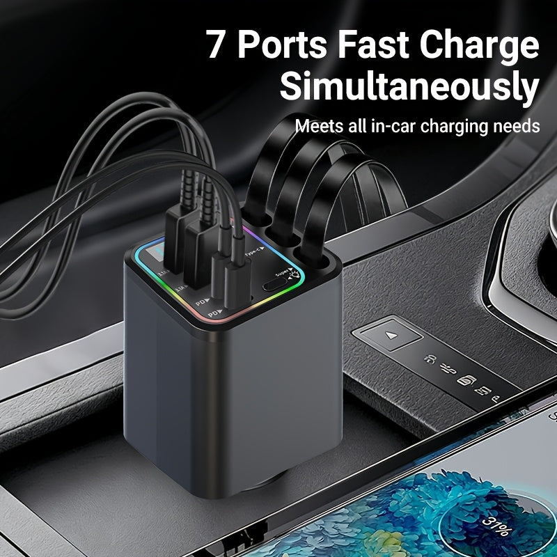 Retractable Cable Car Charger, Three Extendable Leads with Color Lighting, LED Digital Display and Listed 180-Degree Adjustment for In-Car Phone Charging
