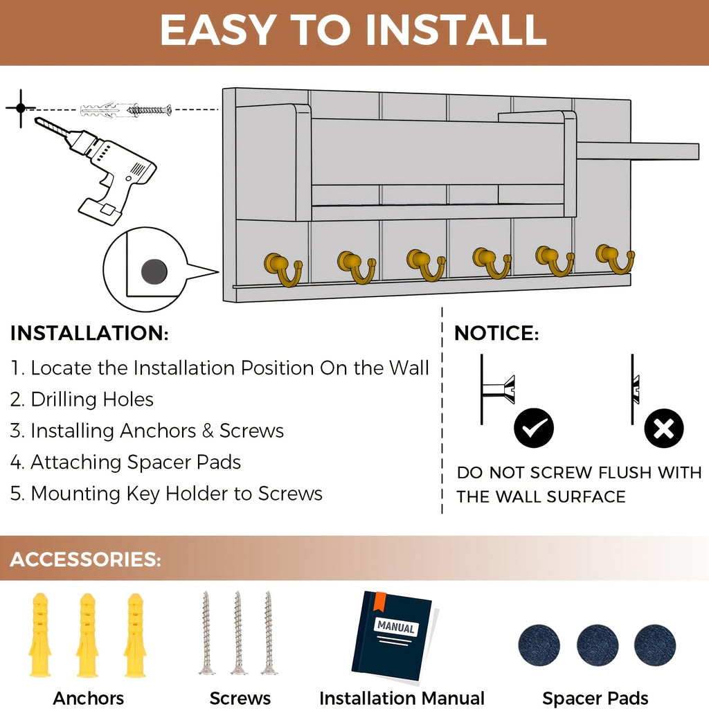Wall Key and Mail Organizer with Tray, Five-Color Entryway Key Rack for Hallway and Kitchen Storage in White, Grey, Black, Brown or Light Brown-1