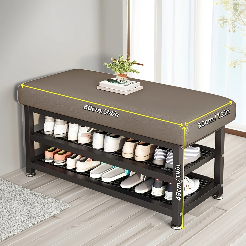 Shoe Storage Bench with Soft Seat Cushion, Metal Frame and Multi-Compartment Design in Grey or Orange, 24 or 32 Inch Model Labels for Entryway Organization