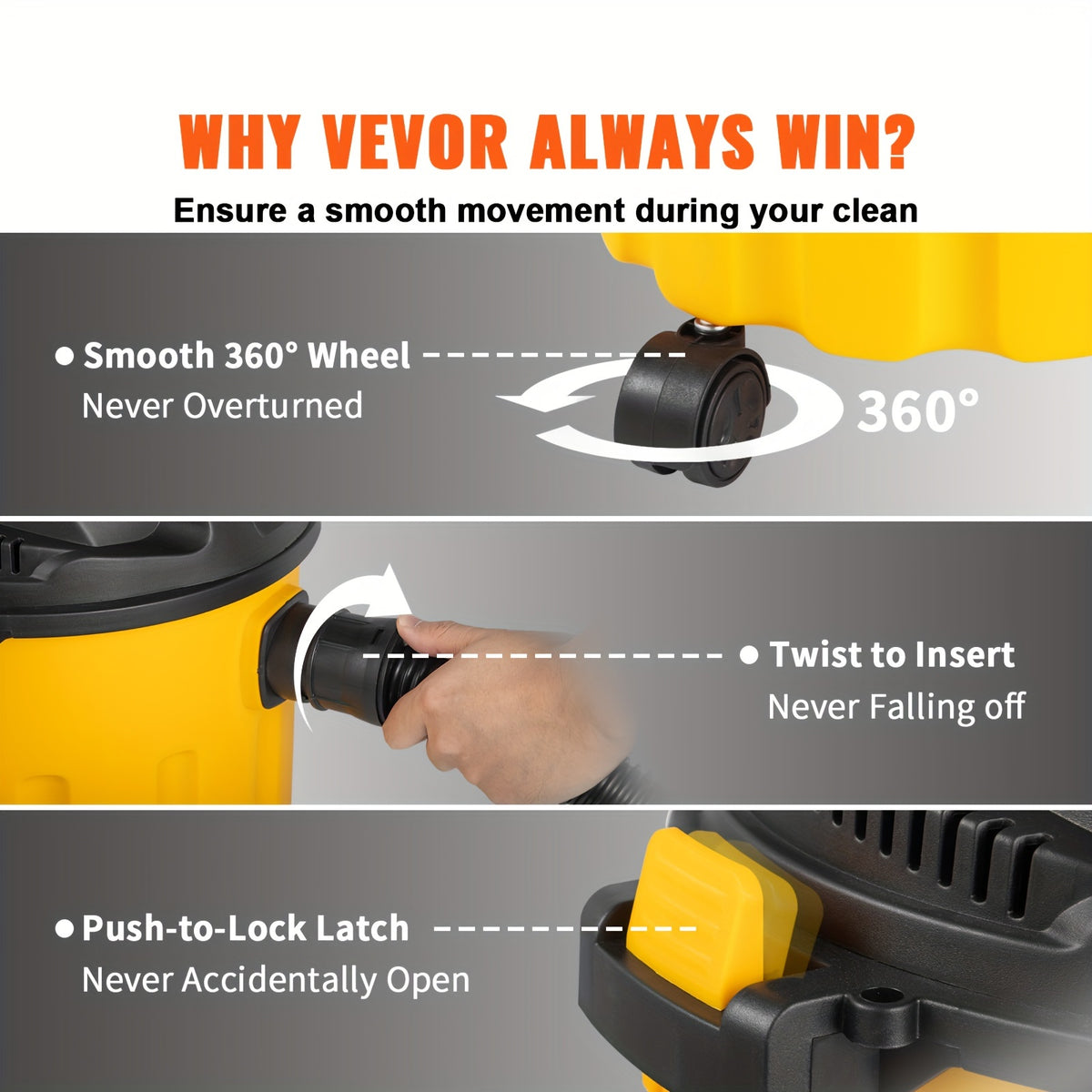 VEVOR 3-in-1 Portable Shop Vacuum 2.6 Gallon, 2.5 Peak HP Wet Dry Vac with Blowing Function and Attachments Storage, Lightweight Compact Vacuum Cleaner for Garage, Car Detailing, Workshop, Carpet, Upholstery and Home Cleanup, Black and Yellow