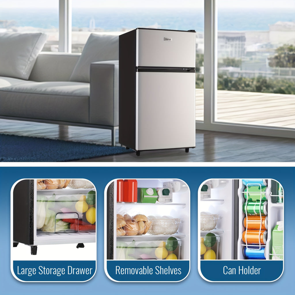 Two-Door Compact Fridge with Freezer, Silvery 2.5 or 3.5 Cu Ft Options with Seven-Level Thermostat and Removable Shelves for Dorm, Office and Bedroom Storage