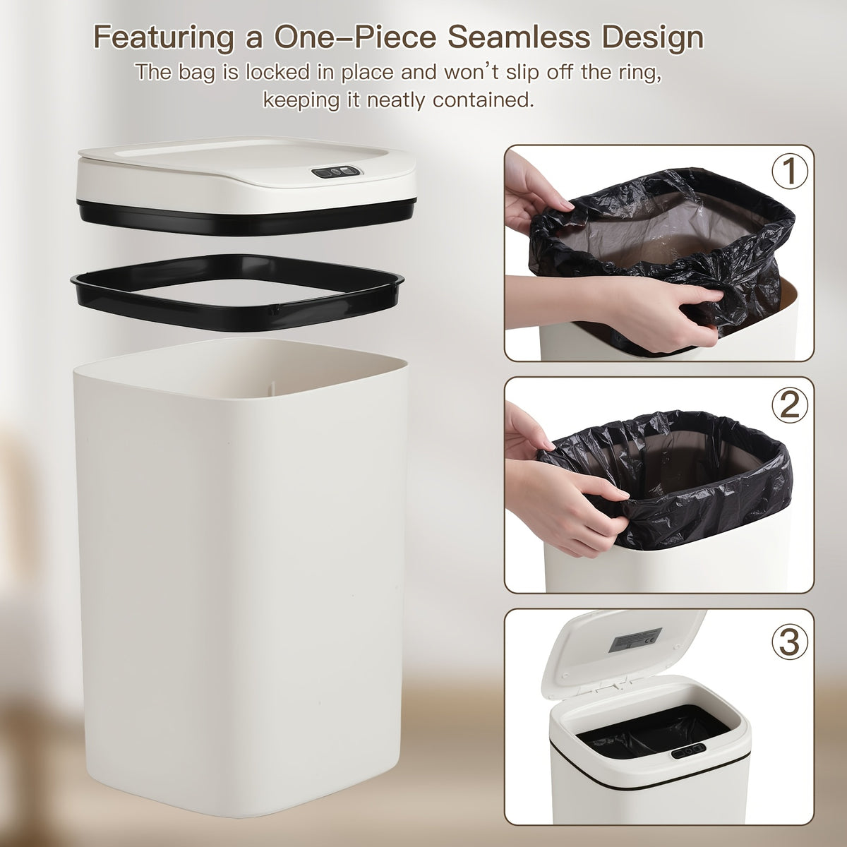 Touchless Plastic Trash Can with Motion Sensor Lid, 3.17 or 4.23-Gallon Capacity Options and Selected Bag Rings or Holders for Kitchen, Bathroom and Office