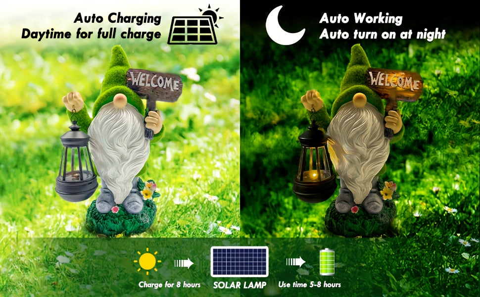 Garden Gnome Statue in Green with Flocked Resin Wording, Solar Lantern and Welcome Sign References for Decorative Porch, Patio and Garden Displays