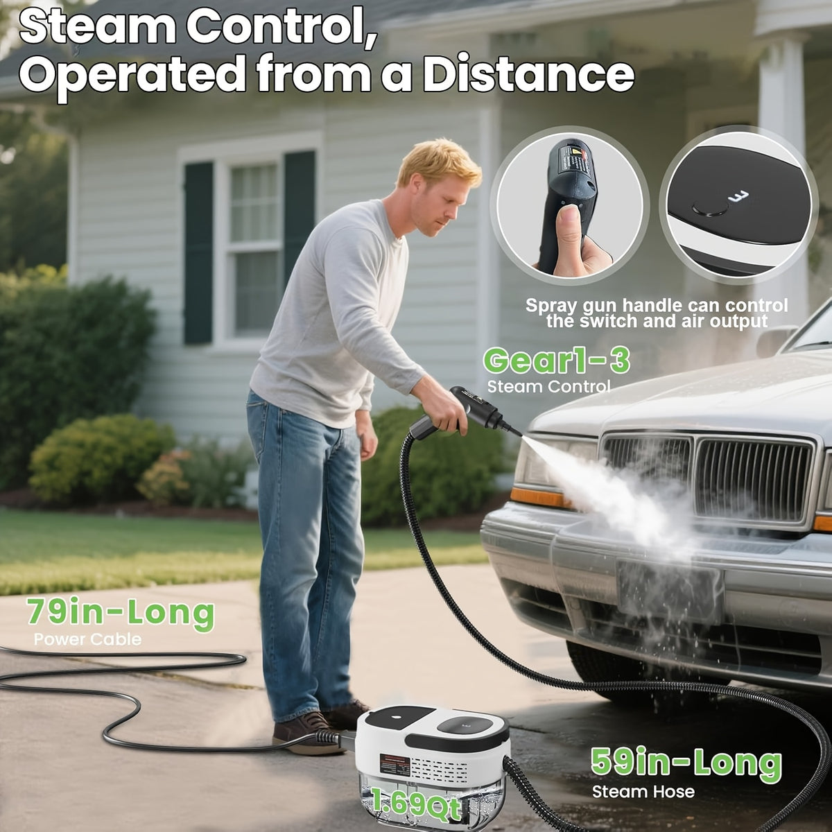 Handheld Steam Cleaner with Listed 1500W Power and 54.1oz Water Tank, Three-Level Handle Control Wording and Red, White or Green Options for Compatible Home Surfaces
