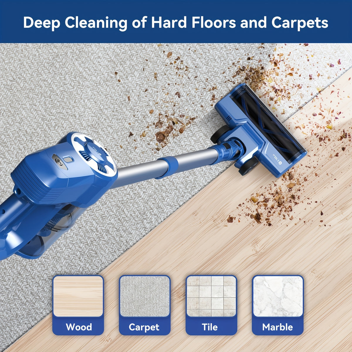 Stick Vacuum Cordless 46Kpa Powerful Suction, 6-in-1 Lightweight Vacuum Cleaner with Anti-Tangle LED-Lit Brush Head, Removable Battery for Hardwood, Carpet and Pet Hair