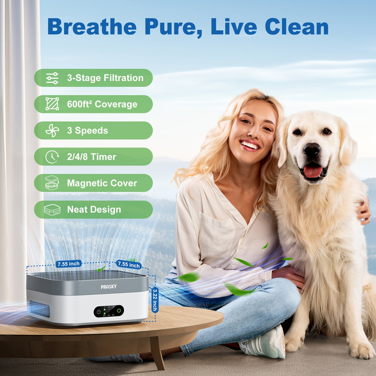 USB-C HEPA Air Purifier with 3-Stage Filtration, Sleep Mode, Three Fan Speeds and Touch Timer, Portable Air Cleaner for Bedrooms and Home Offices