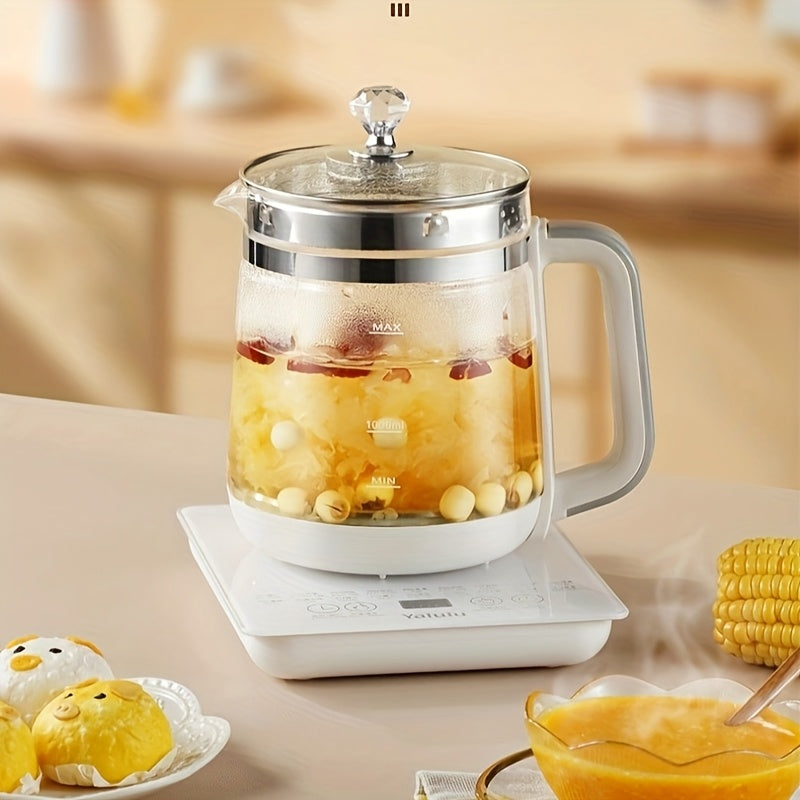 Yalulu Glass Electric Kettle with Listed 1.8L Capacity and 18 Functions, Removable SUS304 Tea Infuser, Glass Lid and Egg Steaming Rack, White US Plug Option