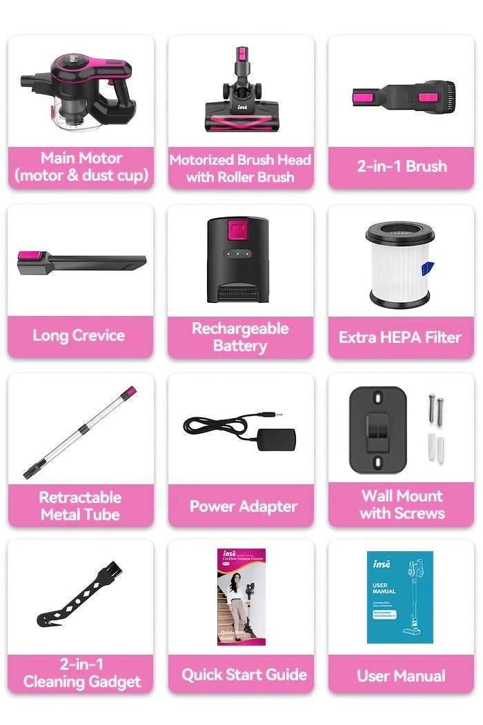 INSE Cordless Vacuum Cleaner, 6-in-1 Rechargeable Home Vacuum with Detachable Battery, LED Brush and 50.5oz Dust Cup for Hardwood, Carpet and Pet Hair