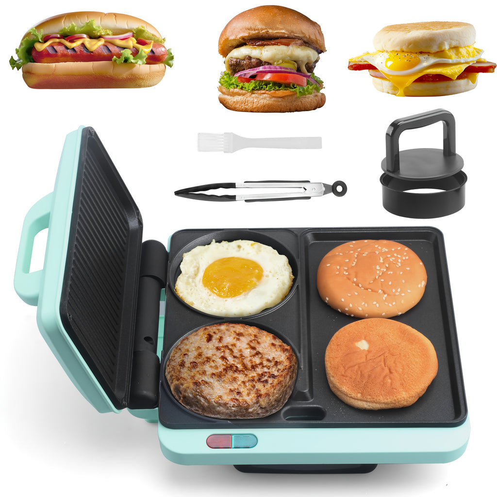 Breakfast Sandwich Maker with Burger Press, 3-in-1 Electric Griddle and Grill Combo with Nonstick Plates for Eggs, Burgers, Paninis and Morning Meals for the Whole Family, Aqua