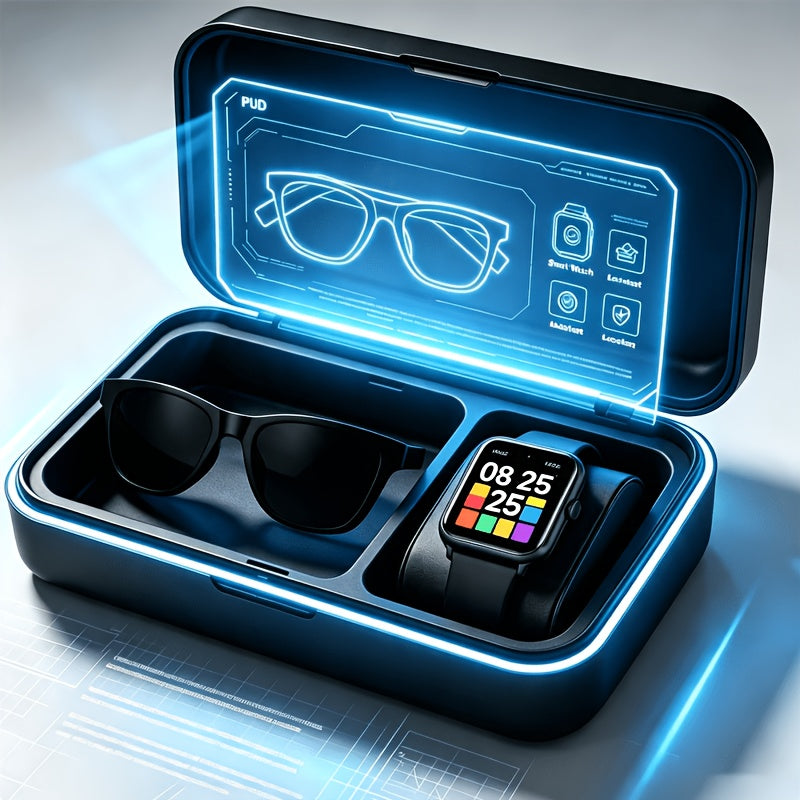Smartwatch and AI Translation Glasses Bundle with Full Touchscreen, Online Multilingual and Photo Translation, Built-In Microphone and Speaker for Wireless Calls