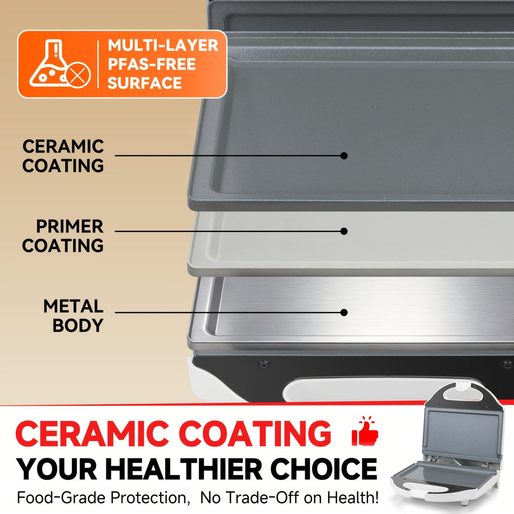 Compact Electric Grill in White with Double-Sided Heating, Listed Ceramic Coating and Heat-Resistant Handle for Sandwiches, Eggs and Home Breakfast Preparation