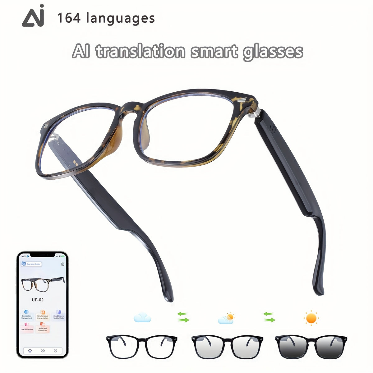 160 Language Translation Smart Glasses, AI Audio Glasses with ChatGPT, HD Calls & HiFi Music, Built-in Mic & Speaker, Photochromic Lenses, Real-Time Translator Eyewear for Travel, Meetings, Men & Women