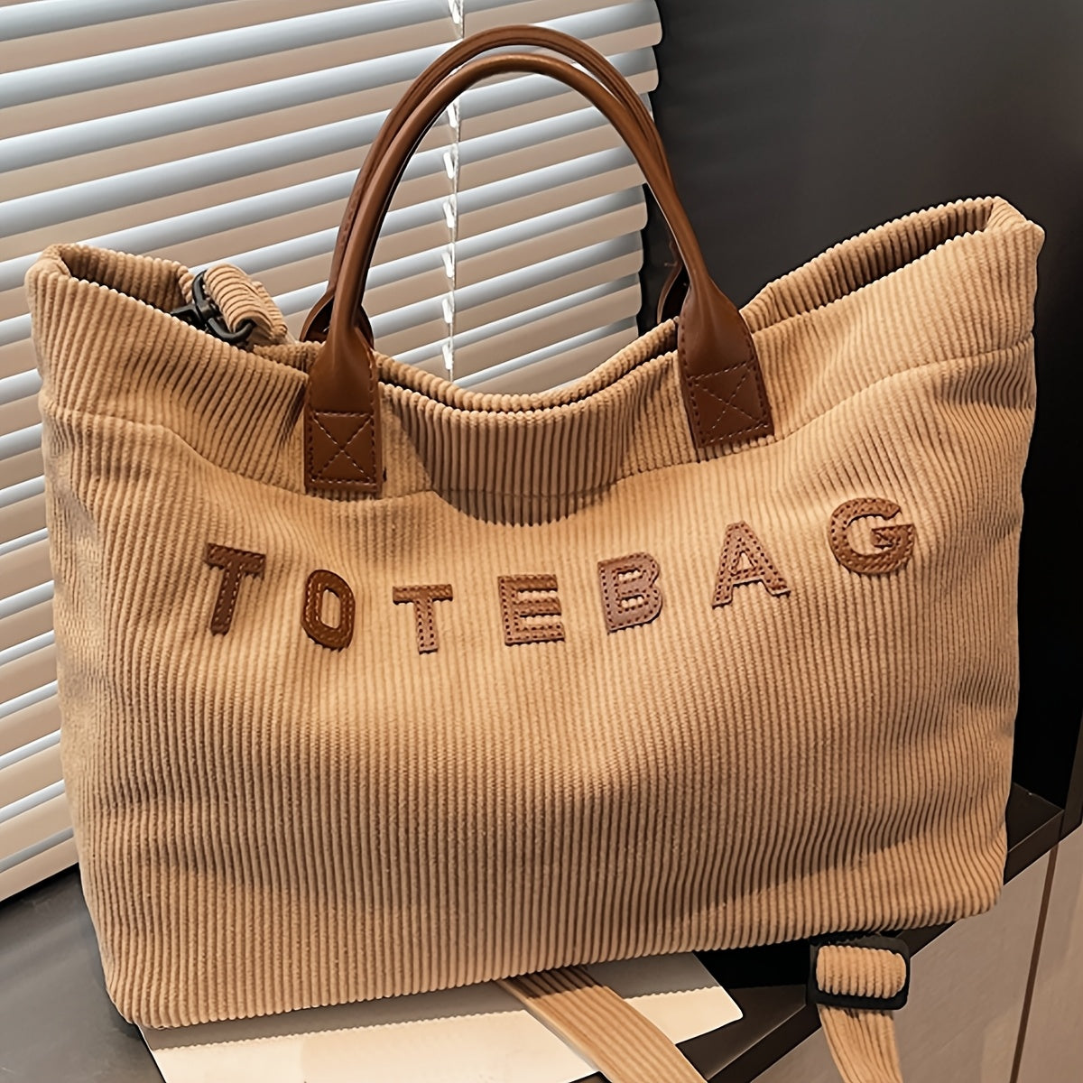 Corduroy Crossbody Tote Bag for Women with Adjustable Strap and Listed Hook-and-Loop Closure, Solid Color Shoulder Handbag for Commuting, Shopping and Casual Travel