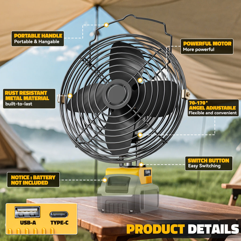 Cordless Jobsite Fan by Ecarke with 8-Inch Model Labels, USB-C Power Bank Feature and Low-Voltage Protection for Garage and Workshop Use, Battery Not Included
