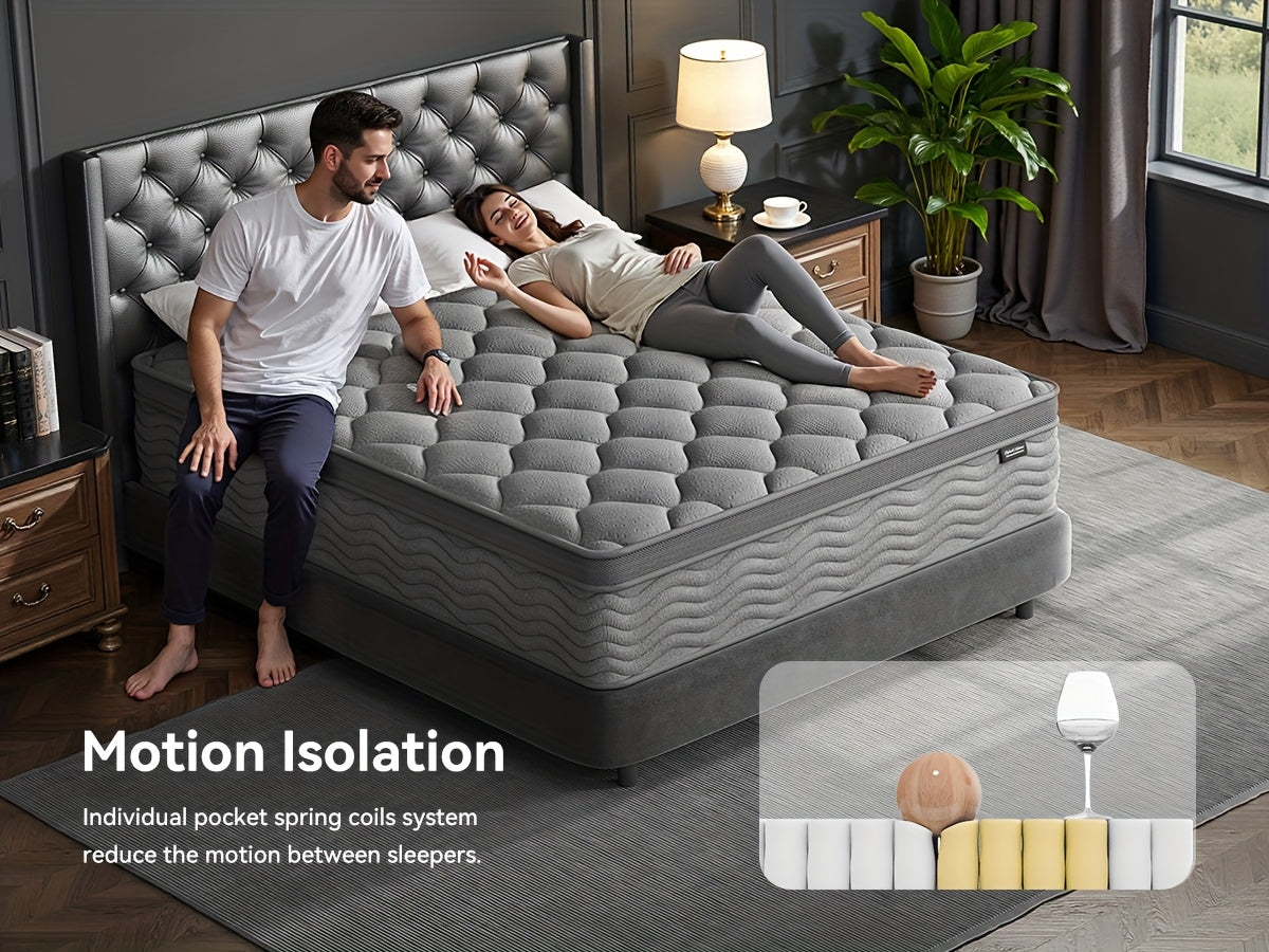 Grey Quilted Hybrid Mattress with Listed Medium Firm Feel and Pocket Springs, 8, 10 or 12 Inch Model Options in Twin, Full, Queen and King Labels for Bedrooms