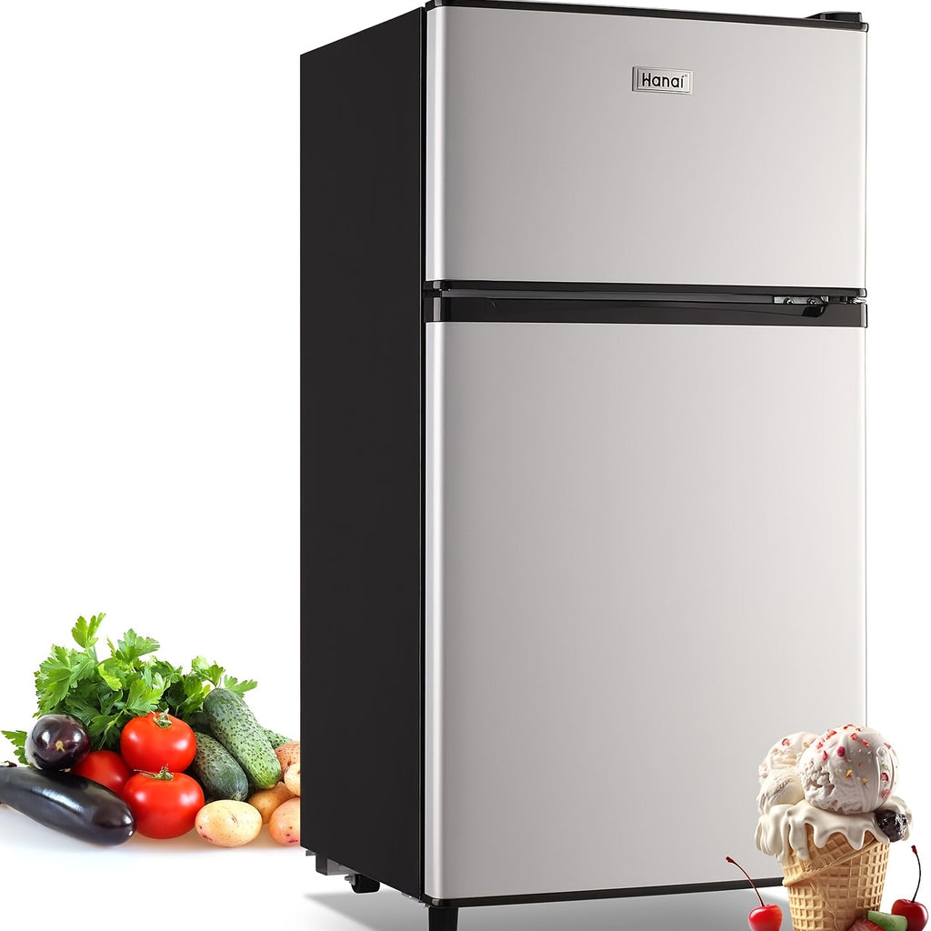 Compact Fridge Freezer by WANAI, Double-Door 3.5 or 4.5 Cu Ft Options with Seven-Level Thermostat, Removable Shelves and Listed LED Light for Apartment and Office