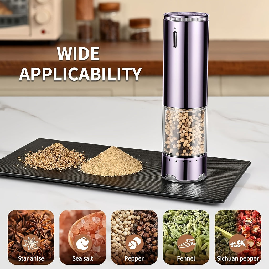 Automatic Salt and Pepper Grinder Set, 2 Refillable Electric Mills in Silvery with LED Light, Adjustable Coarseness and One-Handed Operation for Kitchen Seasoning