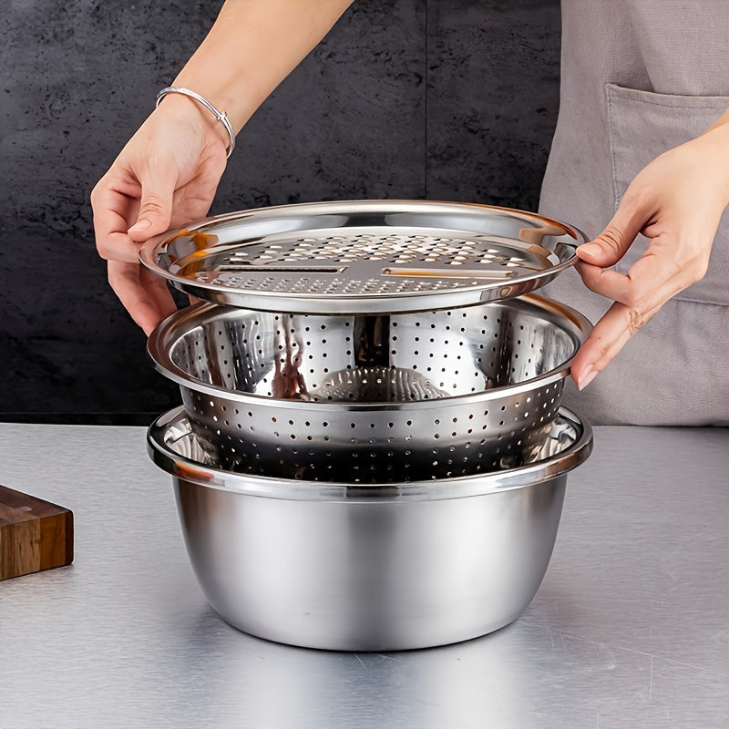 Food Prep Bowl Set with Stainless Steel Construction, 3-Piece Mixing Bowl, Draining Filter and Integrated Grinder for Fruit, Vegetables and Cheese