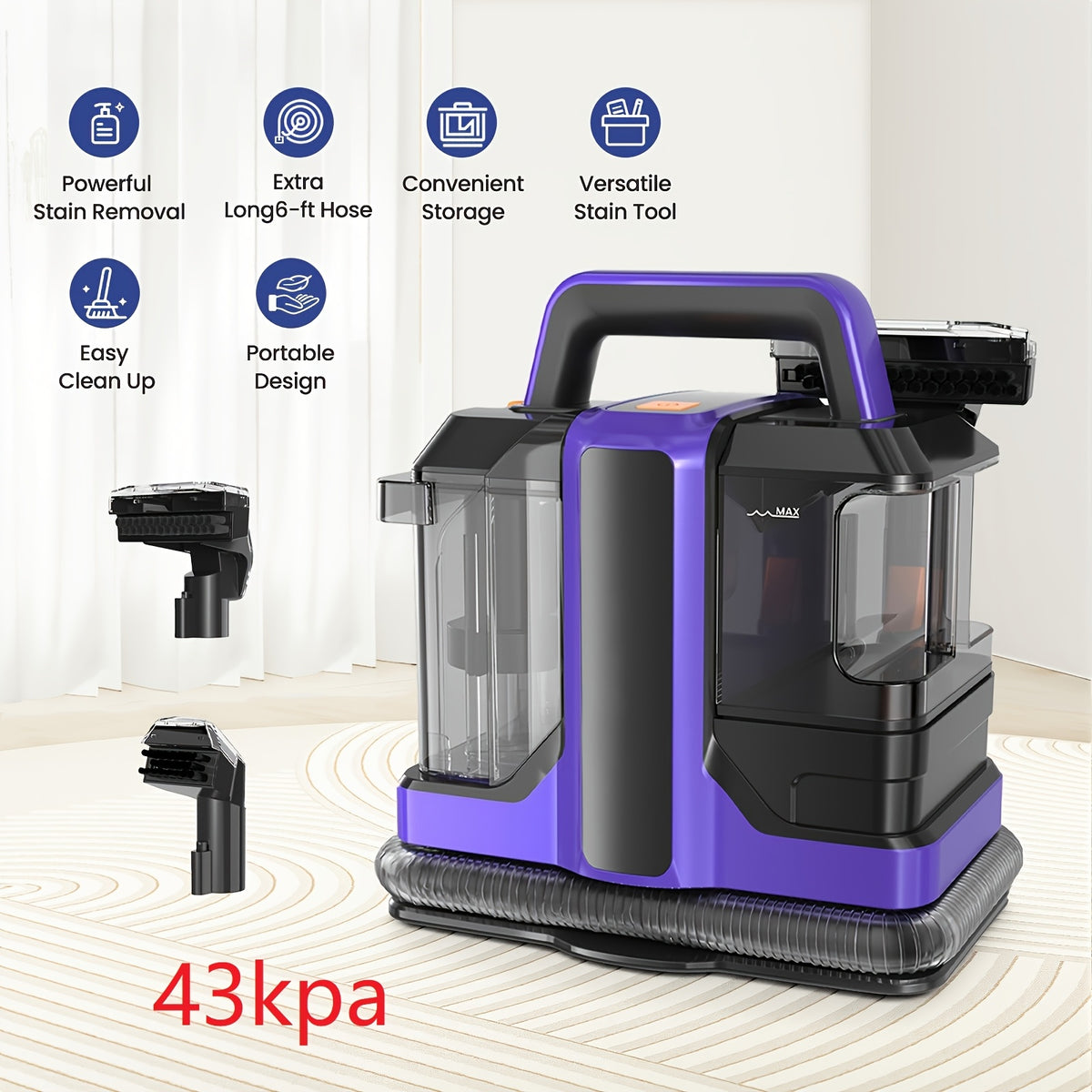 Dual-Tank Fabric Spot Cleaner with Two Listed Brush Tools and Trial Formula, TASVAC C7 Source Specifications for Carpet and Upholstery, Purple or Black Red Options