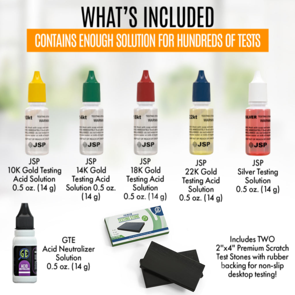 Jewelry Testing Kit with Listed 10K, 14K, 18K, 22K and Silver Solutions, Neutralizer and Two Rubber-Backed Test Stones for Experienced Adult Metal Evaluation