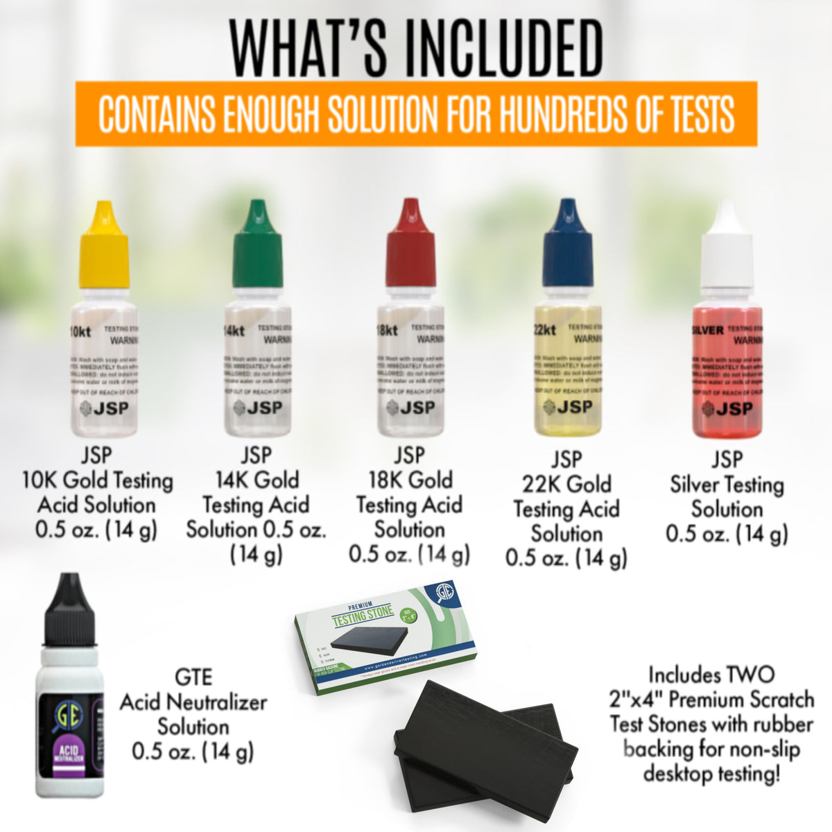 Jewelry Testing Kit with Listed 10K, 14K, 18K, 22K and Silver Solutions, Neutralizer and Two Rubber-Backed Test Stones for Experienced Adult Metal Evaluation