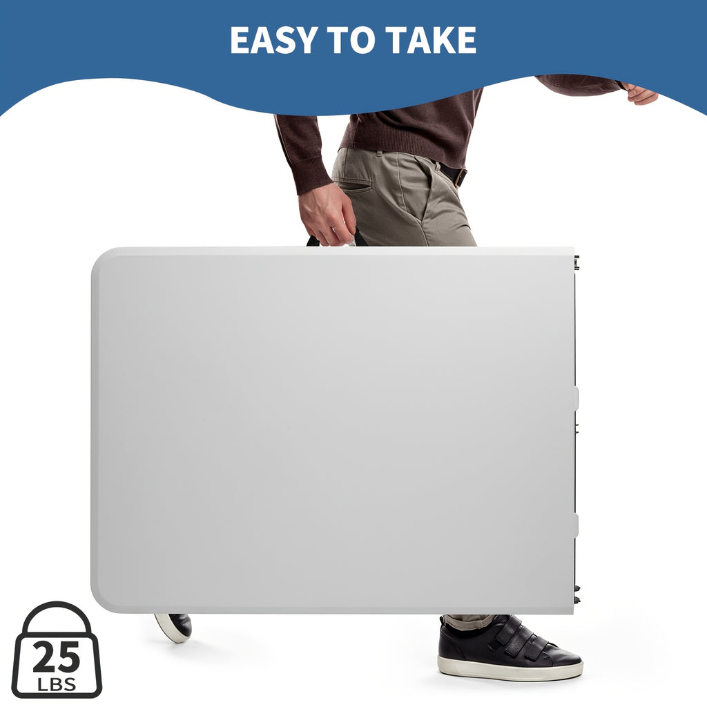 White Plastic Folding Table with Rectangular Center-Fold Design and Carrying Handle, Portable Dining and Serving Surface for Picnics and Backyard Gatherings