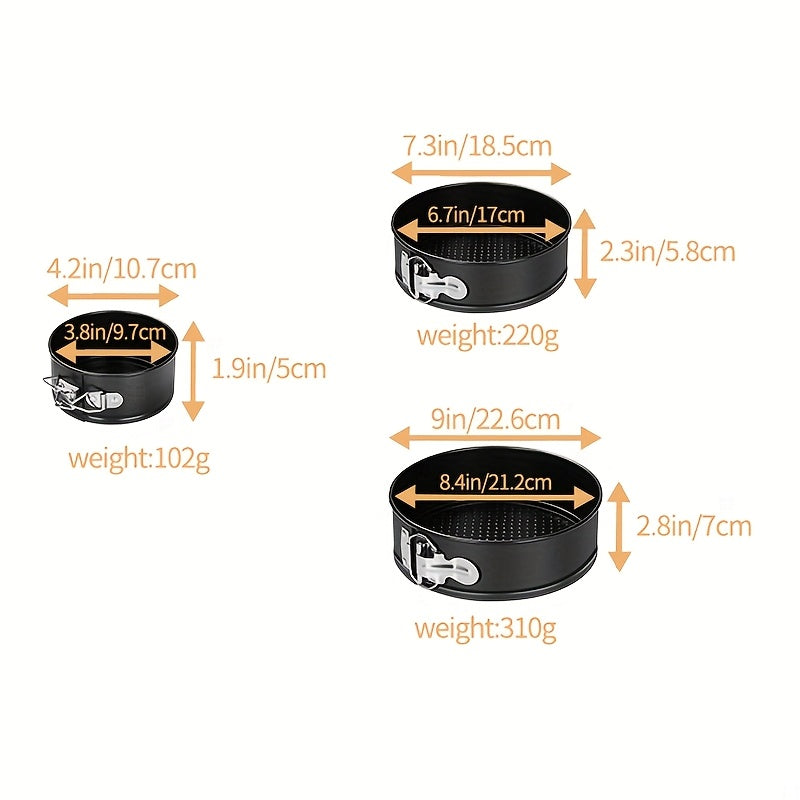 Springform Cake Pan Set with 4, 7 and 9 Inch Sizes, Black Nonstick Carbon Steel Round Cheesecake Pans with Removable Bottoms and Locking Latches for Home Baking