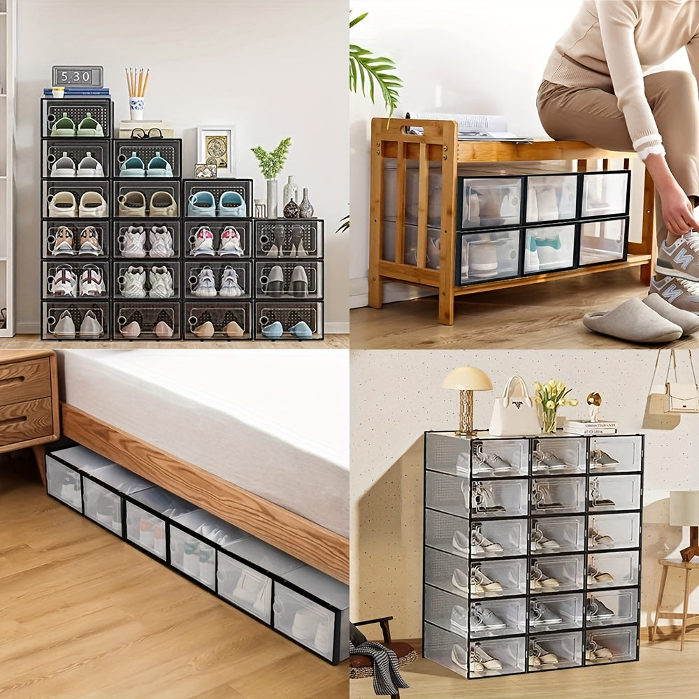 Interlocking Shoe Storage Boxes with Clear Plastic Design and Lids, Stackable Collapsible Closet Organizers in Black, White or Grey for Sneakers and Footwear