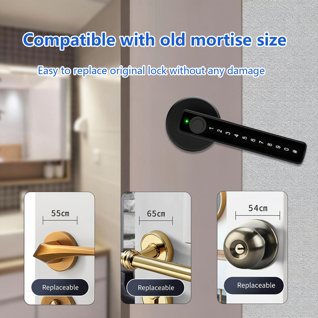 Fingerprint Door Lock Knob in Black with Listed IC Card, Code and Mechanical Key Access, Electronic Handle for Compatible Bedroom, Home and Office Doors