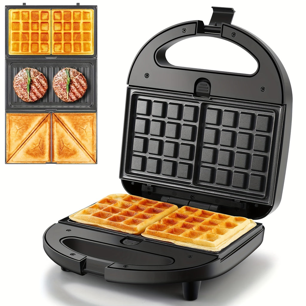 Interchangeable Plate Sandwich Maker by OSTBA, Black 750W 3-in-1 Panini Press and Waffle Iron with Three Removable Nonstick Plate Sets for Home Breakfasts