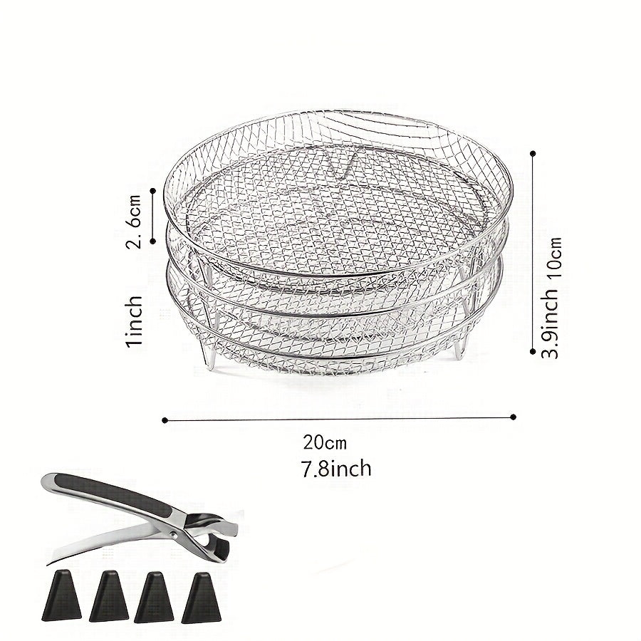 Air Fryer Dehydrating Rack Set in Silvery with Listed Eight Pieces, Stainless Steel Round Stackable Design, Raised Legs and Clips for Compatible Basket Cooking