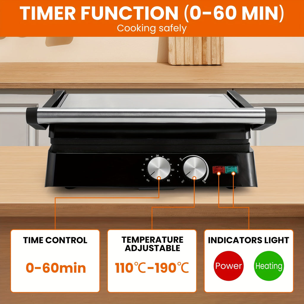 Floating-Hinge Panini Press and Indoor Grill with Nonstick Plate Wording, 180-Degree Opening and Grease Tray, Color or Timer-Control Options for Sandwiches
