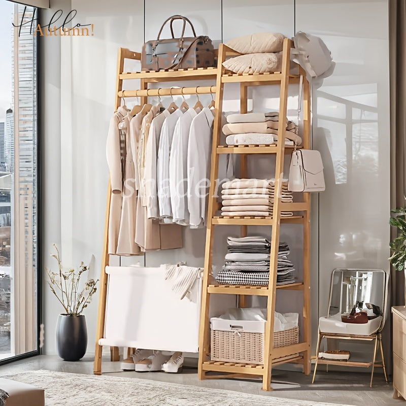 Bamboo Garment Rack with Adjustable Shelves, Five Side Storage Racks and Hat Hooks for Bedroom Organization, Brown or Nature with Four Size and Bag Option Labels