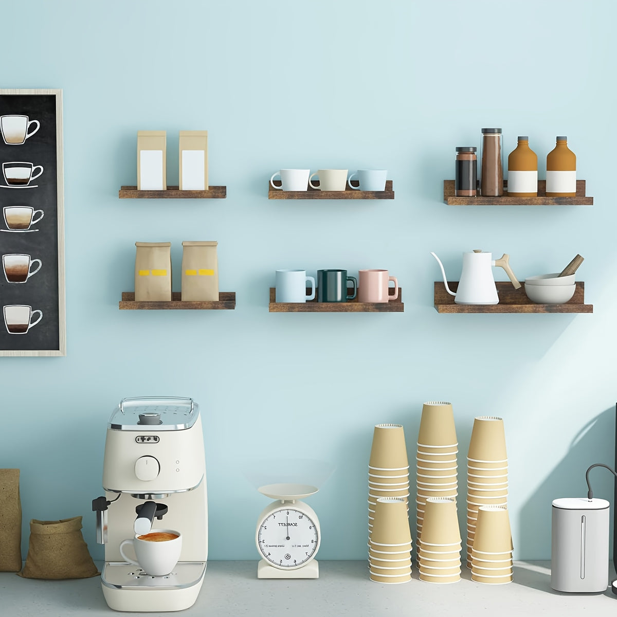 Six-Size Floating Wall Shelf Set with White, Brown or Black Options, Six Listed Wall-Mounted Shelves for Bedroom Organization and Decorative Home Displays