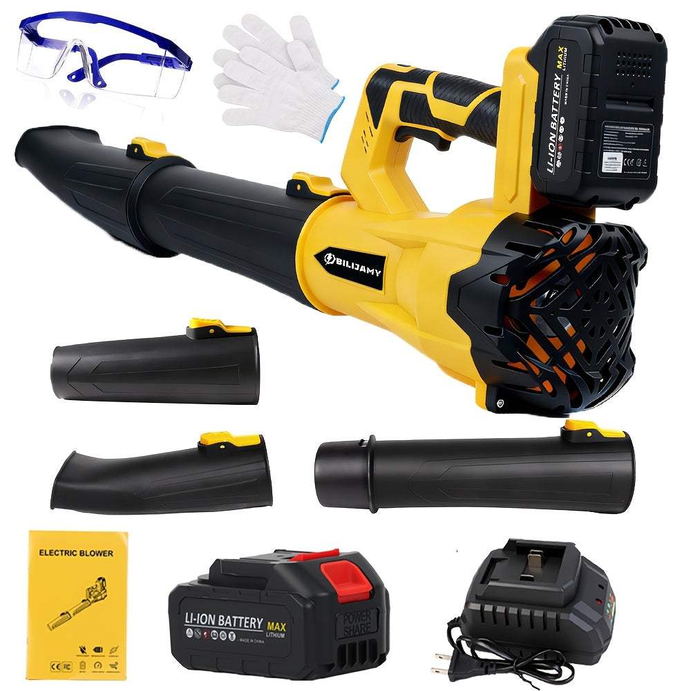 Three-Tube Cordless Leaf Blower Kit with Listed Six Speeds, 580CFM and 160MPH Claims, Yellow One- or Two-Battery and Red Two-Battery Options for Yard Cleanup