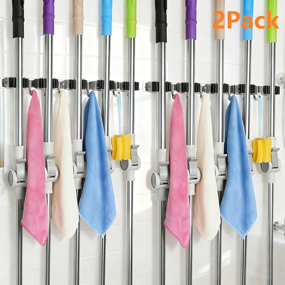 Stainless Steel Mop and Broom Holder with Self-Adhesive Wall-Mount Design, Three-Rack Two-Hook or Five-Rack Four-Hook Styles in One or Two Pack Options for Utility Storage