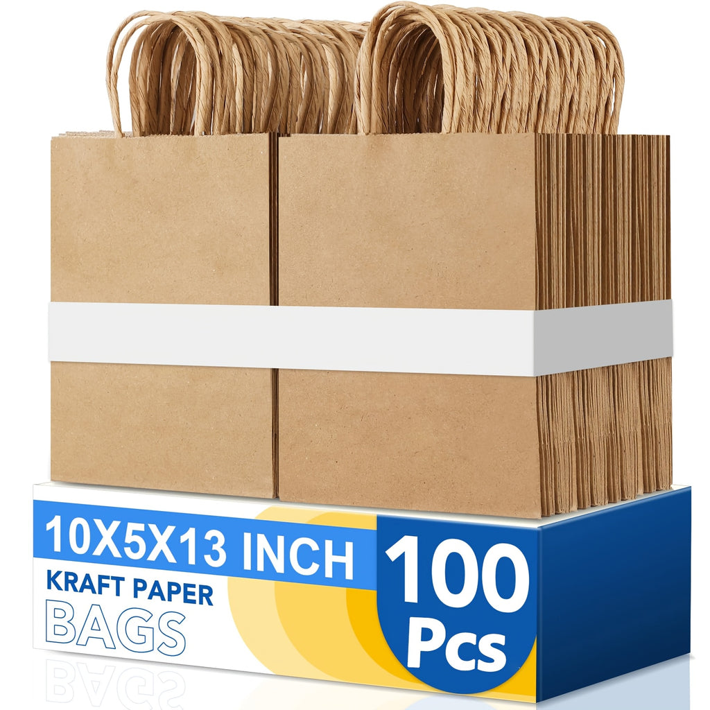 Kraft Paper Gift Bags with Twisted Handles, 100-Pack Bulk Packaging in Small, Medium and Large Size Options for Wedding Favors, Holiday Gifts and Retail