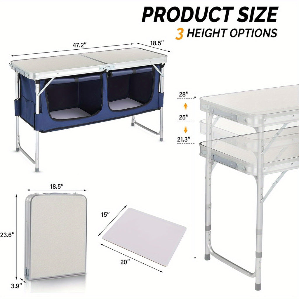 Camping Folding Table with Storage by Bonnlo, 4ft Adjustable-Height Aluminum Picnic Table in Five Color Options for Backyard BBQs, Patio Dining and Outdoor Gatherings