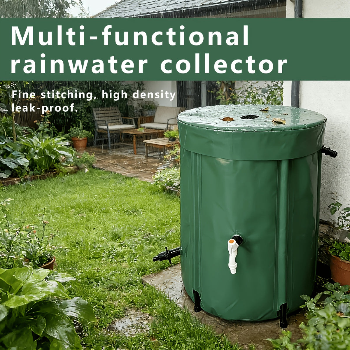 Rain Barrel Water Collection Tank with Multiple Listed Capacities, Plastic Garden Water Storage Container in Black or Green for Backyard Watering and Lawn Care