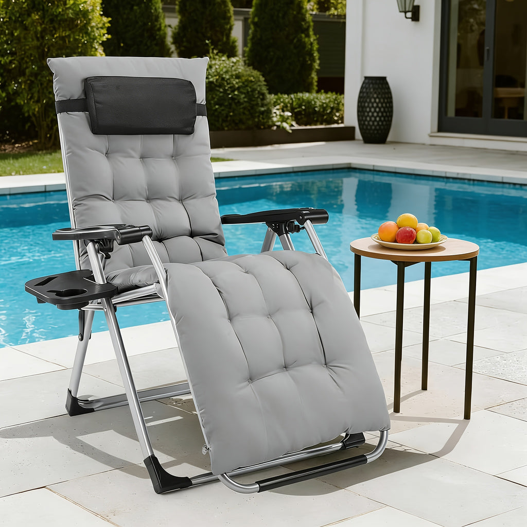 Single Zero Gravity Patio Chair with Removable Cushion and Cup Holder Tray, Foldable Outdoor Recliner in Black or Gray for Beach and Poolside Relaxation