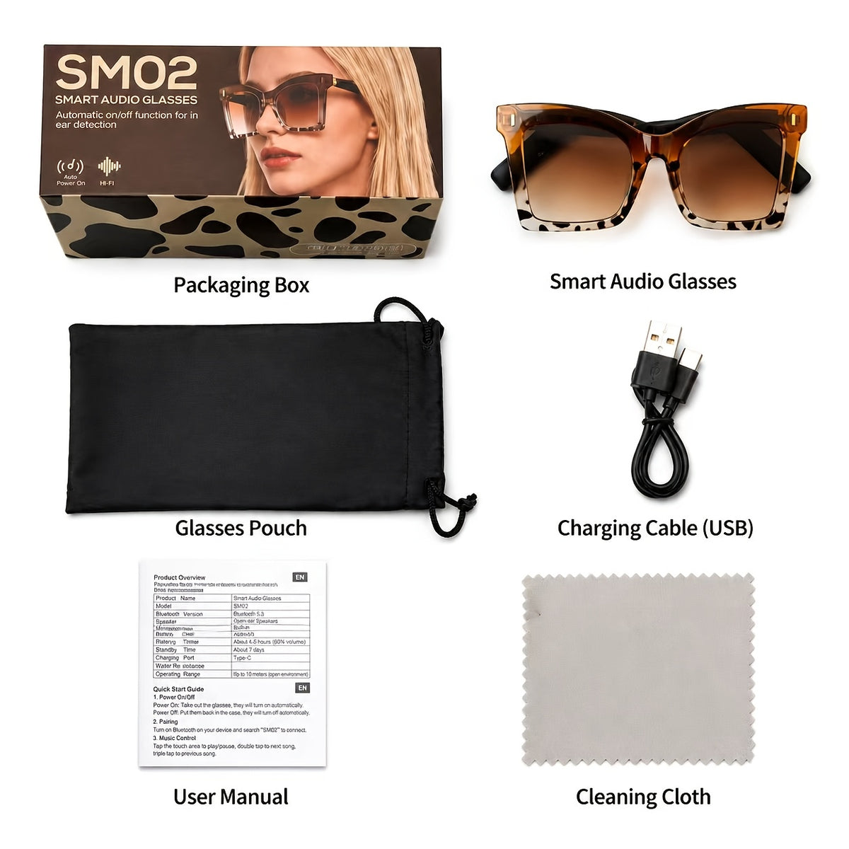 Cat Eye Smart Glasses for Women, SM02 Wireless Audio Eyewear with Listed Bluetooth 6.0, Wear Sensor and Automatic Connection Feature for Everyday Listening