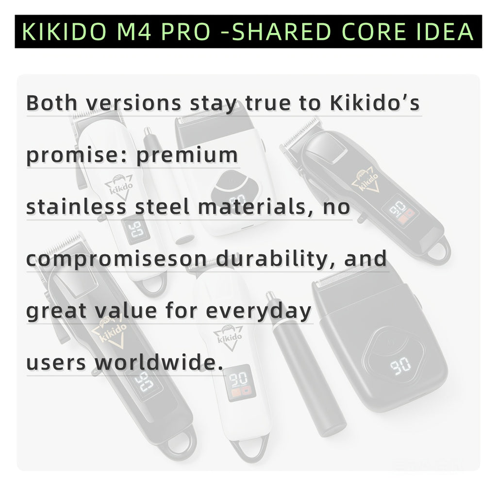 M4 Pro and M2 Pro Grooming Kit Options with Listed Electric Clipper, T-Trimmer and Shaver Wording, Black Golden or Polar White Labels for Men's Hair Care