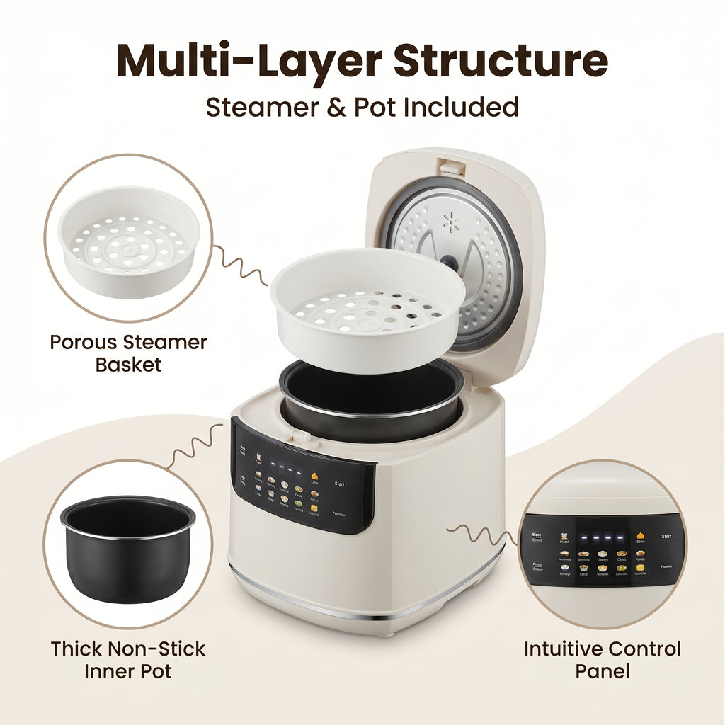 Small Rice Cooker 2L in White, Multifunctional Cooker with 12 Presets, Keep Warm and Delay Timer for Rice, Soup and Oatmeal, 1–3 People