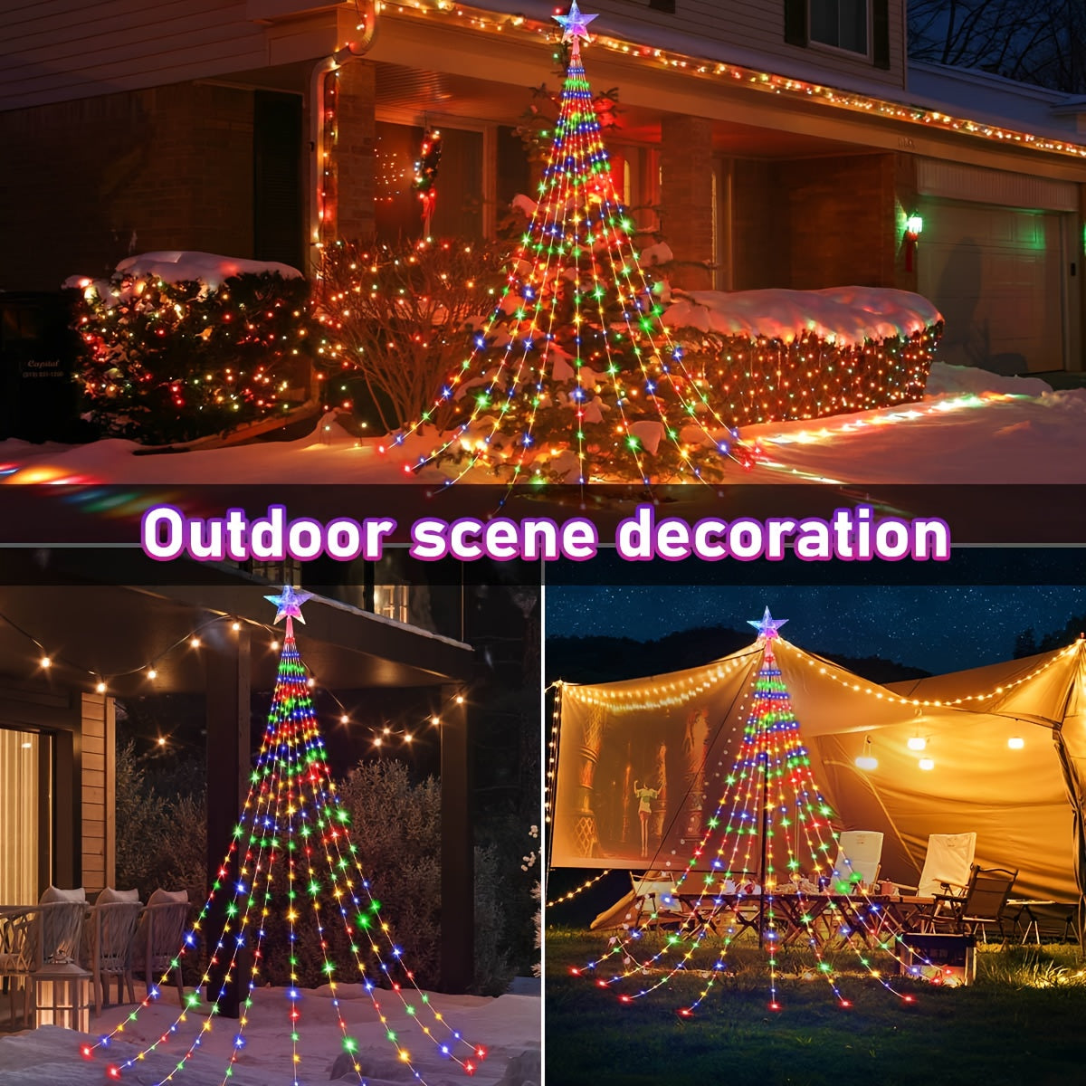 Solar Star Waterfall String Lights with White Color Label, 280LED-3M Model and Eight Listed Modes for Christmas, Garden Wedding and Seasonal Decorative Displays