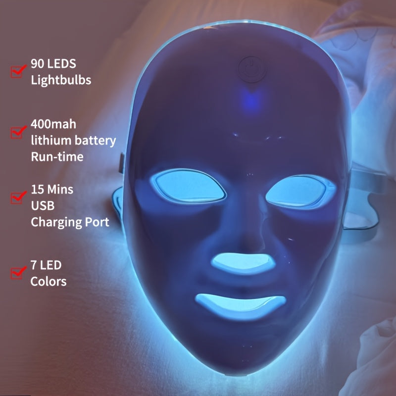 USB-Charging Facial Beauty Mask in White with Listed Seven-Color Design, Portable Personal Skin-Care Instrument for Home Routines and Thoughtful Gift Ideas