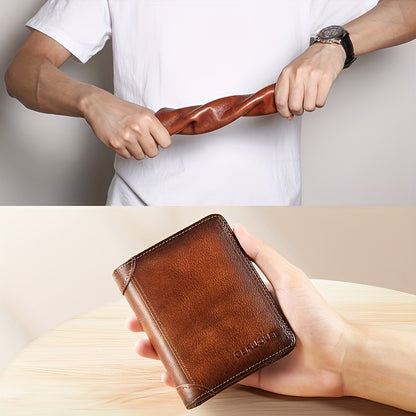 RFID Blocking Leather Wallet for Men with Listed Two ID Windows and Vintage Short Design, Yellow Brown, Grey Blue and Black Bifold Style Options