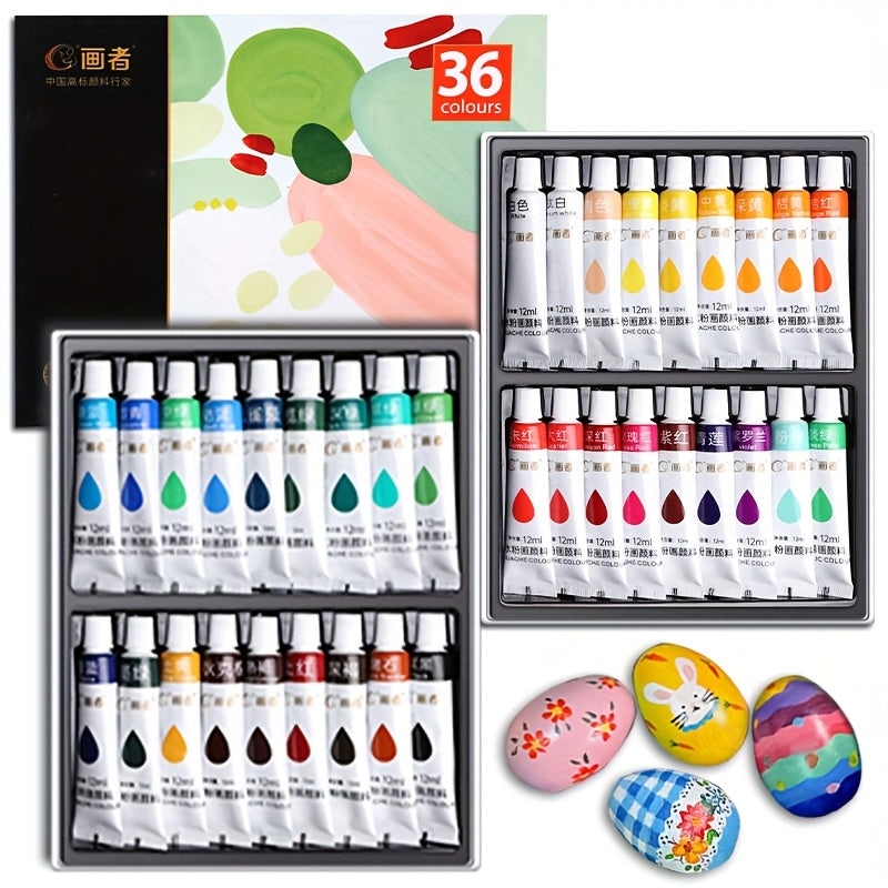 Gouache Paint Set with 36 Colors in Listed 12ml Tubes, Rich Coverage Reference for Adult Artists, Paper Painting, Compatible Canvas and DIY Crafts