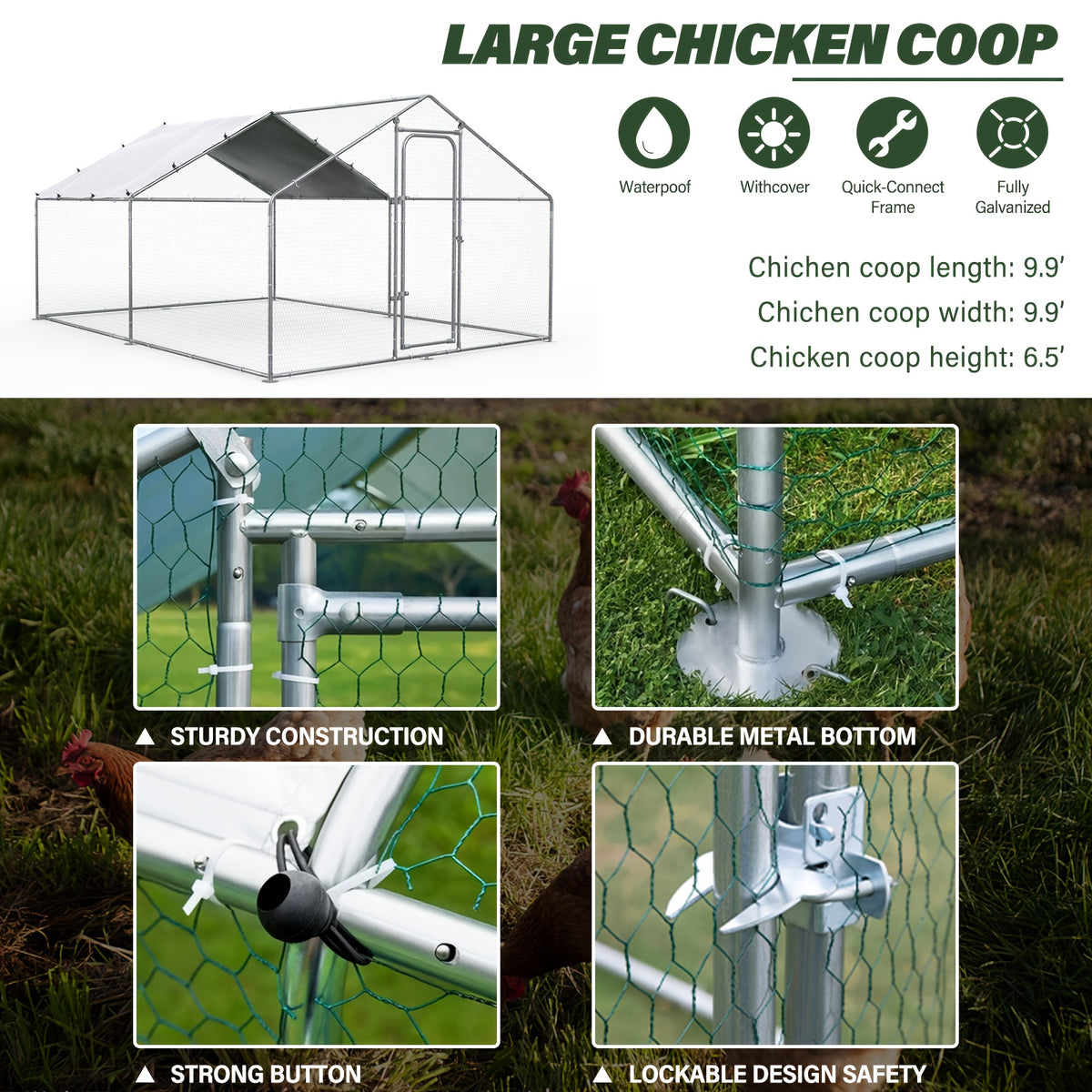 Metal Poultry Run Enclosure by SNDM, Outdoor Chicken Coop Cage with Listed Partial Cover, Mesh Walls, Access Doors and Latches in Three Unit Options