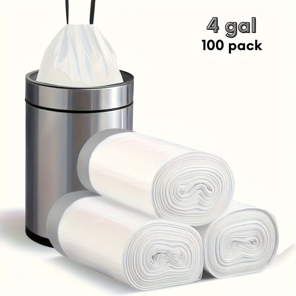 Drawstring Garbage Bags in 100-Count Packs, 4-Gallon or 13-Gallon Disposable Trash Can Liners for Compatible Kitchen, Office and Household Wastebaskets